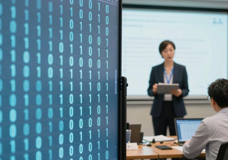 A digital illustration of a network diagram featuring interconnected servers, laptops, and nodes. The nodes are organized in a grid form and connected by glowing lines, centered around a power symbol. Various symbols are present on the servers.