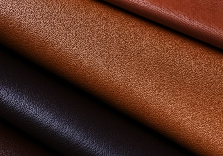 Close-up of three layers of leather fabric in shades of brown, rust, and black.