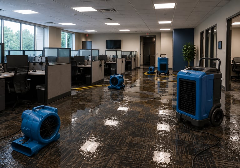 Commercial call center water damage cleanup with wet carpet drying equipment, dehumidifiers
