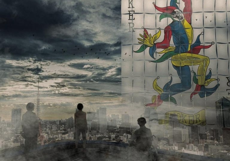 a man standing on a city street with a giant clock