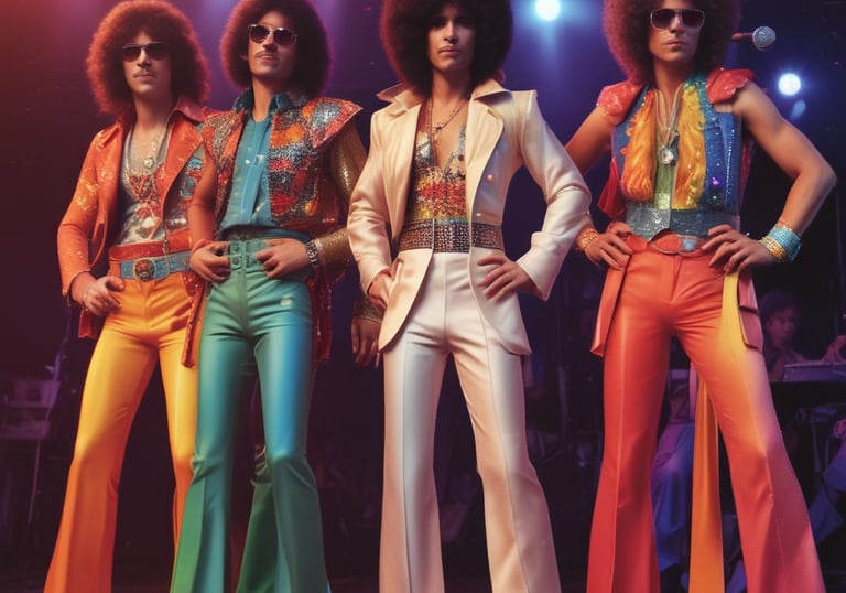 A group of musicians performing on stage, with one playing the saxophone in the foreground. They are wearing sunglasses and black shirts. In the background, other band members are playing brass instruments like trumpets and trombones. The stage backdrop features a geometric pattern with bright lighting.