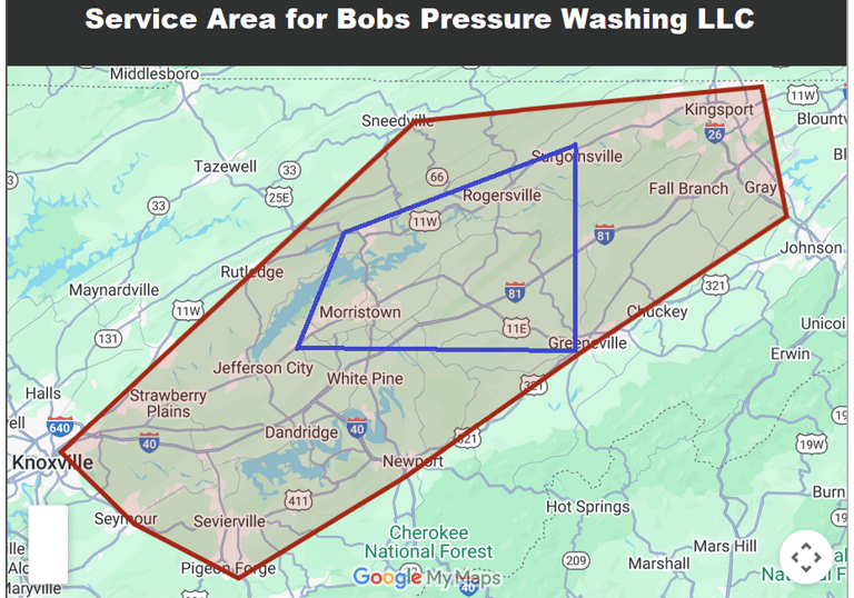 Google Map of Regular and extended works areas for Bobs Pressure Wasing LLC