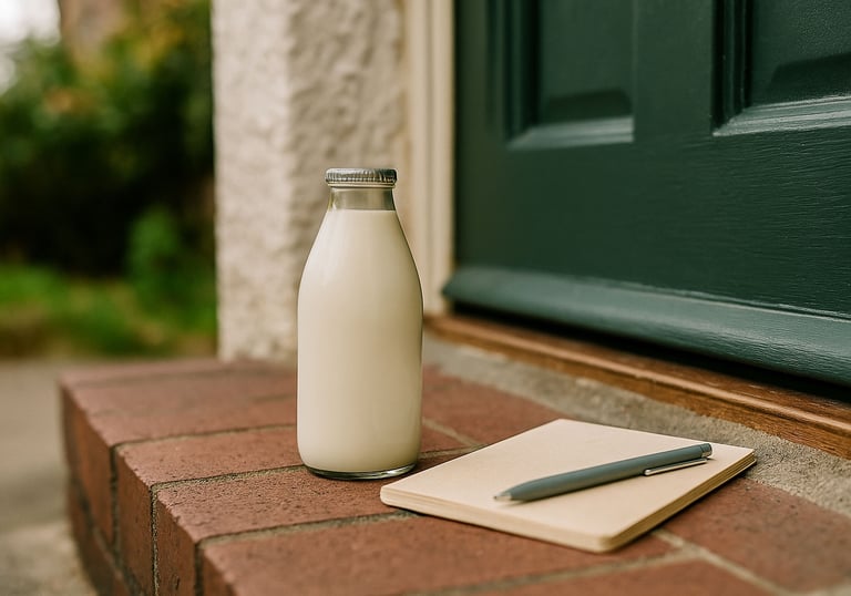 Glass bottle of milk on a doorstep beside a front door – Farm To Fridge fresh delivery scene