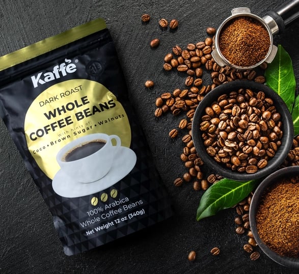 a bag of coffee beans and coffee beans