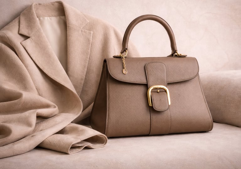 Luxury Delvaux handbag styled with beige cashmere coat in neutral editorial setting.