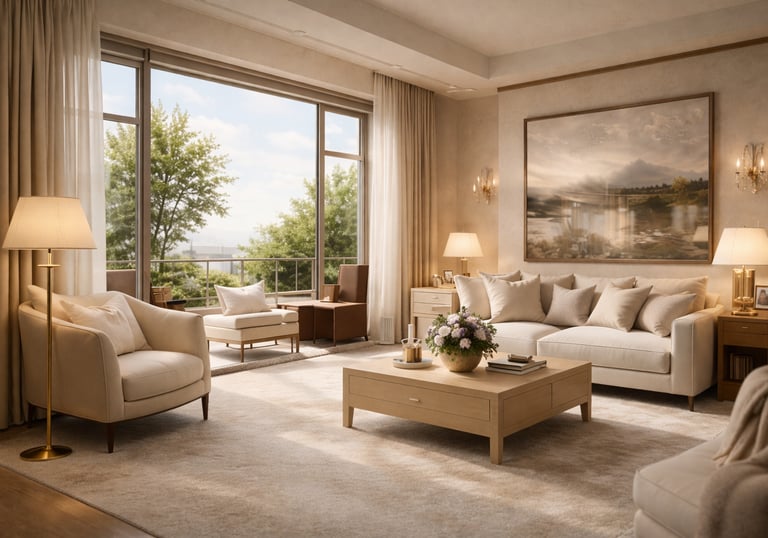 Luxury neutral living room with large windows, elegant sofa, and refined modern interior design.