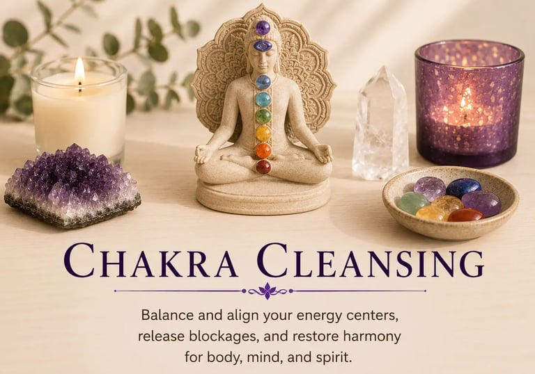 A spiritual chakra cleansing set featuring a Buddha statue, healing crystals, and scented candles.