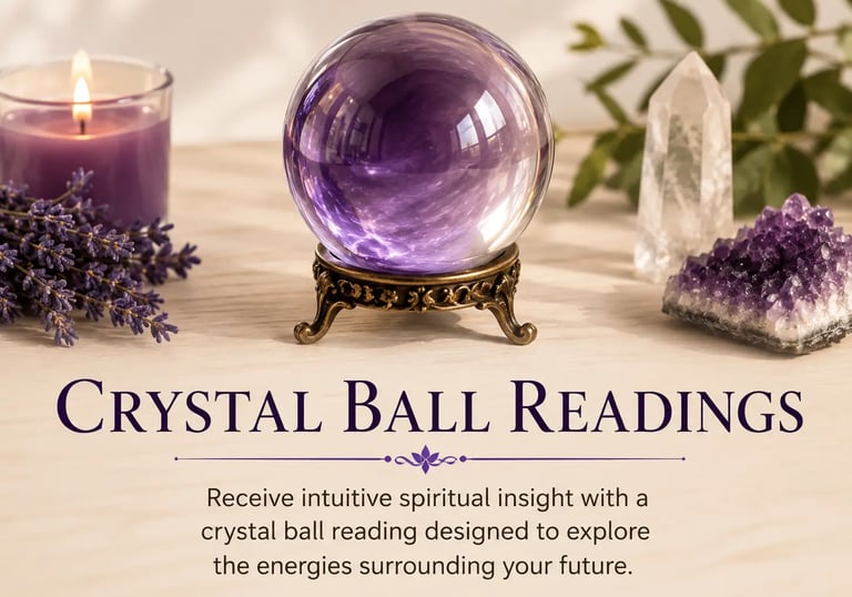 A purple crystal ball on a brass stand surrounded by amethyst, quartz, and lavender for spiritual readings.