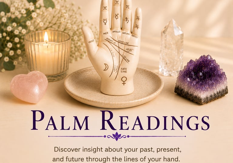 A chiromancy palm reading hand model surrounded by healing crystals and a candle for spiritual insight.