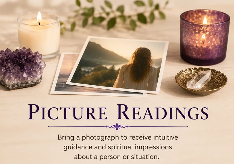 Spiritual picture readings with psychic photos, healing amethyst crystals, and calming lit candles.