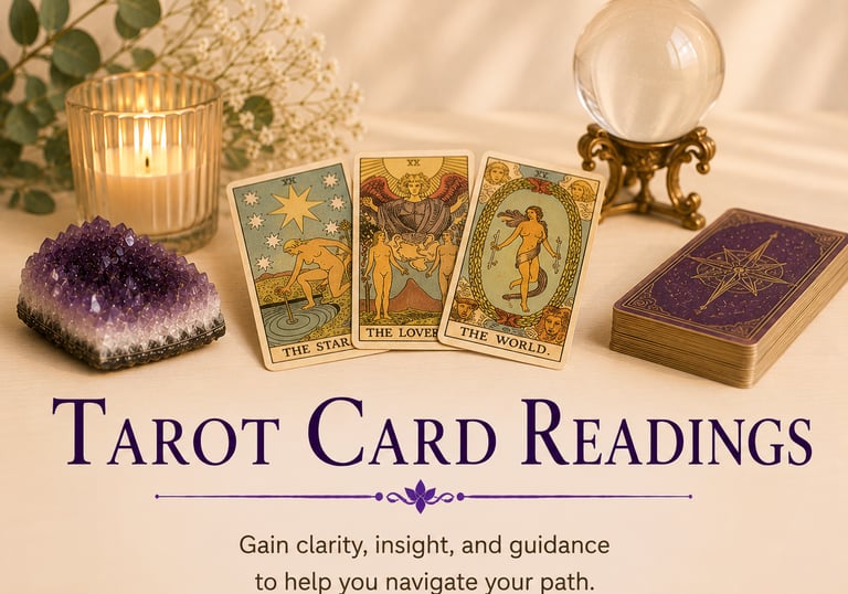 Spiritual tarot card reading layout with crystal ball, amethyst cluster, and lit candle for divination.