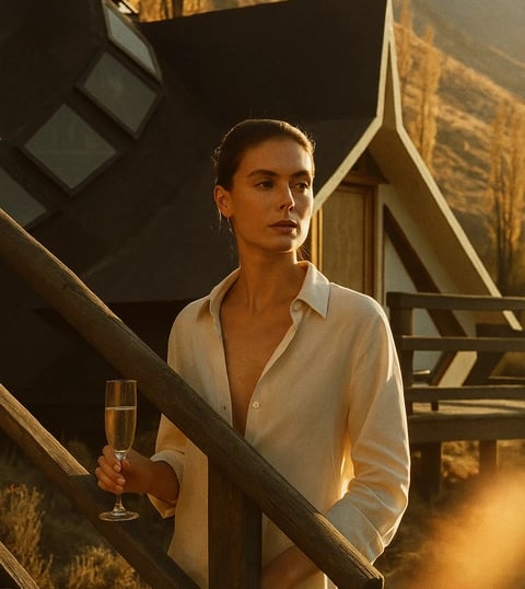 Mujer con una copa de espumante frente al atardecer en la cordillera, en un glamping Cajón del Maipo