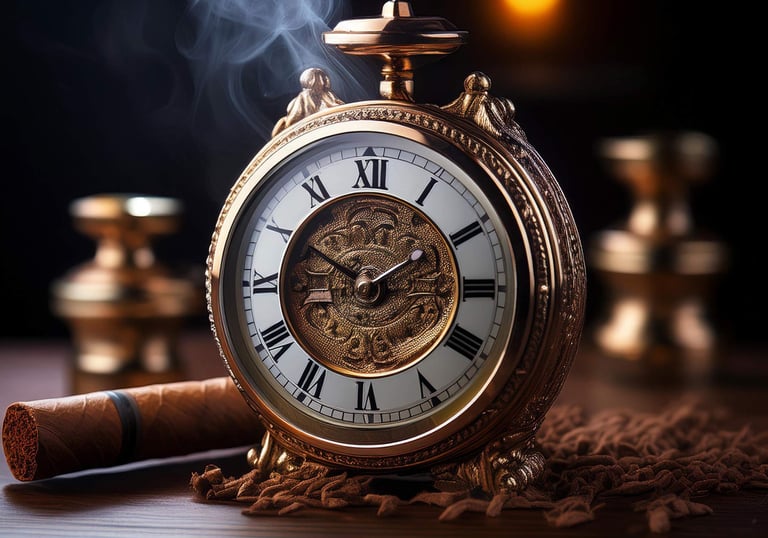 Image of a clock sitting on a table surrounded by cigar filler and a finished cigar.