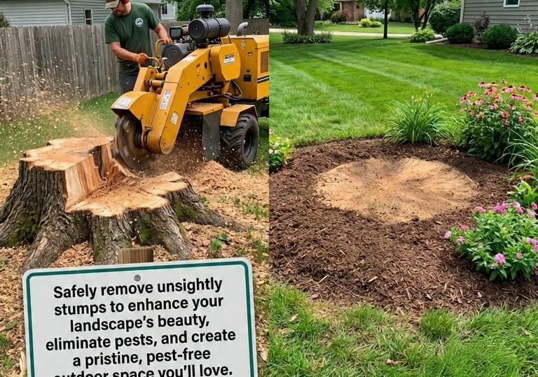 Arborist operating a stump grinder removing a tree stump with wood chips flying