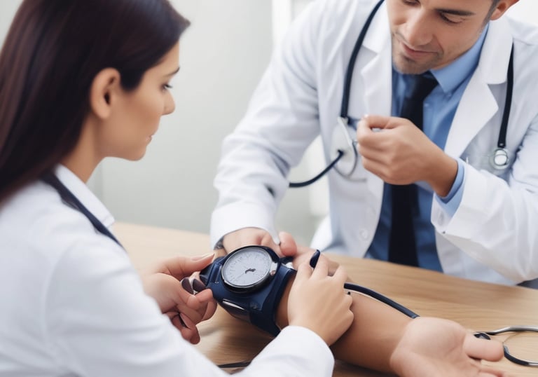 A laptop displaying a website with a search bar at the top and several categorized icons for different services. The laptop is positioned on a light-colored desk in an indoor setting, with the focus on the screen contents and some blurred background elements.