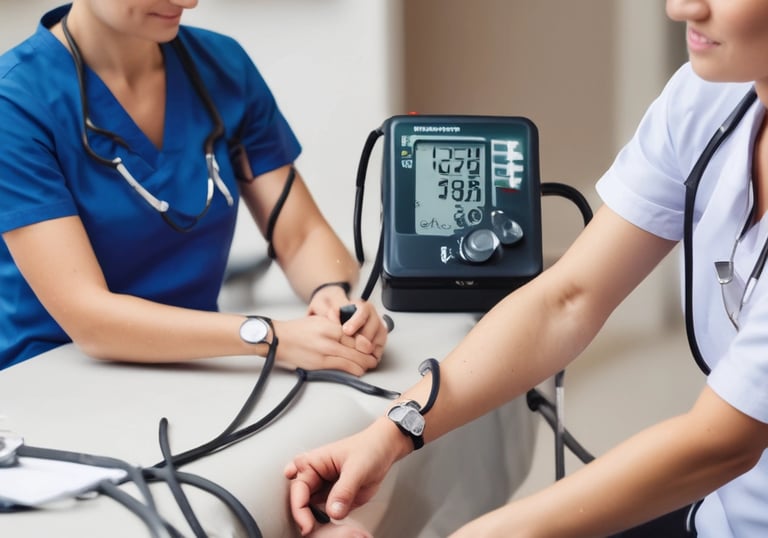 A modern office environment with a laptop on a white desk in the foreground. A red computer mouse is also visible. In the background, there is an office printer and a wall with motivational text. The office space is well-lit with natural and artificial light, and there are glass partitions.