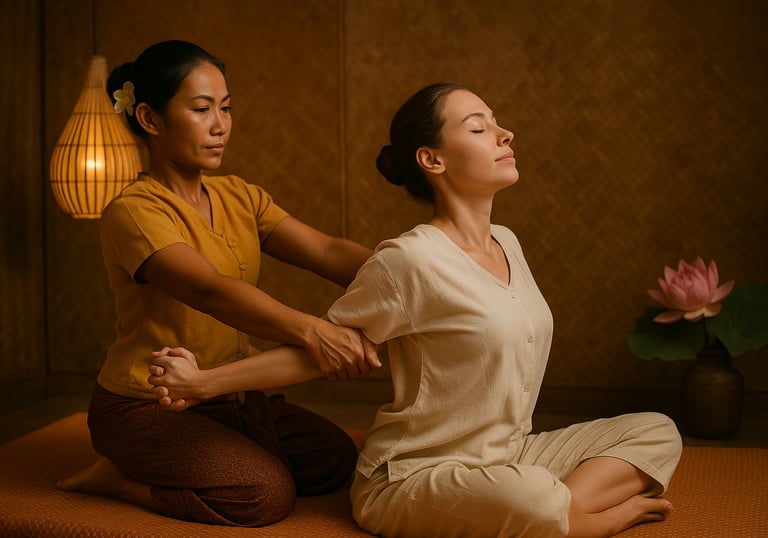 Therapist performing traditional Thai massage on a client in Ashburton