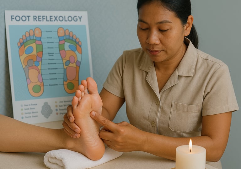 Reflexology therapist applying pressure to foot zones for health benefits