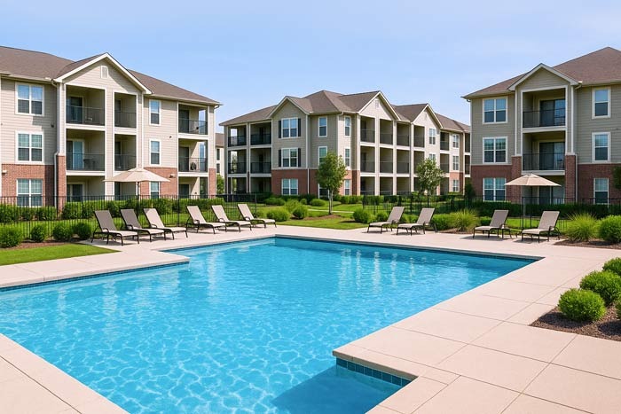 Clean, well-maintained pool at apartment complex, ideal for property managers and realtors needing professional pool service