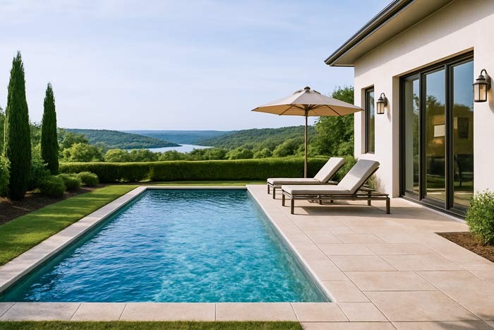 Happy homeowner enjoying backyard pool after weekly maintenance by Piscus Pools – clear water, safe use, consistent service
