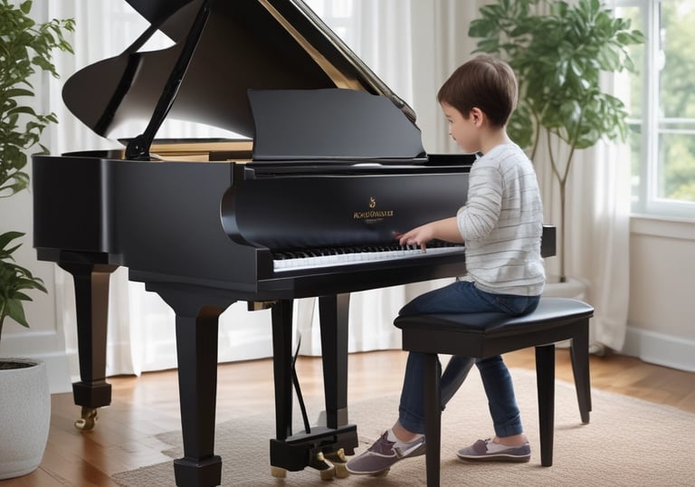 A person is holding a tablet displaying a musical scale app over a piano keyboard. One hand is placed on the piano keys, and the other hand is holding the tablet screen which shows a detailed musical notation.