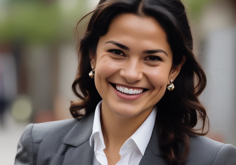 a woman in a suit and tie smiling