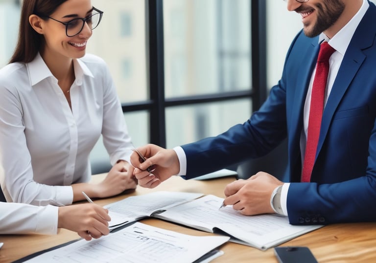 A hand holds a black business card with white text reading 'FORTY TWO Strategy Innovation Design' against a blurred urban skyline backdrop. The sky is clear and blue, suggesting a bright day.