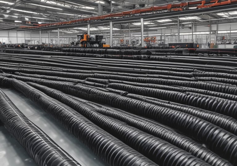 Close-up image of flexible black PVC conduits with visible aluminum spiral reinforcement inside.