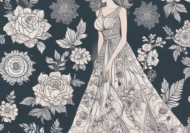 A vibrant textile design showcasing women's wear patterns.