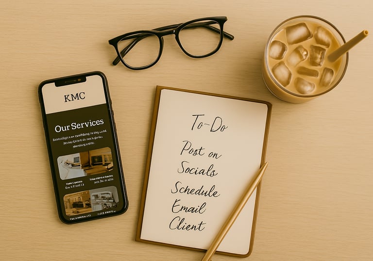 to-do list notebook, gold pen, iced coffee, and eyeglasses arranged