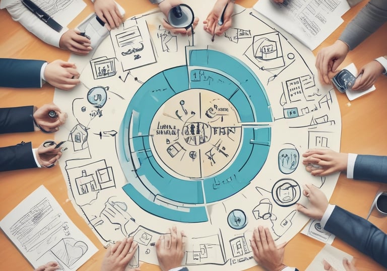 four people all on laptops, two men and two women, listen to person talking in a board meeting