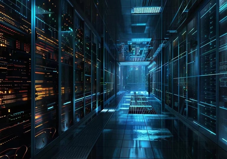 un pasillo largo con un pasillo largo con un pasillo largo con filas de cables y bandeja de cables d