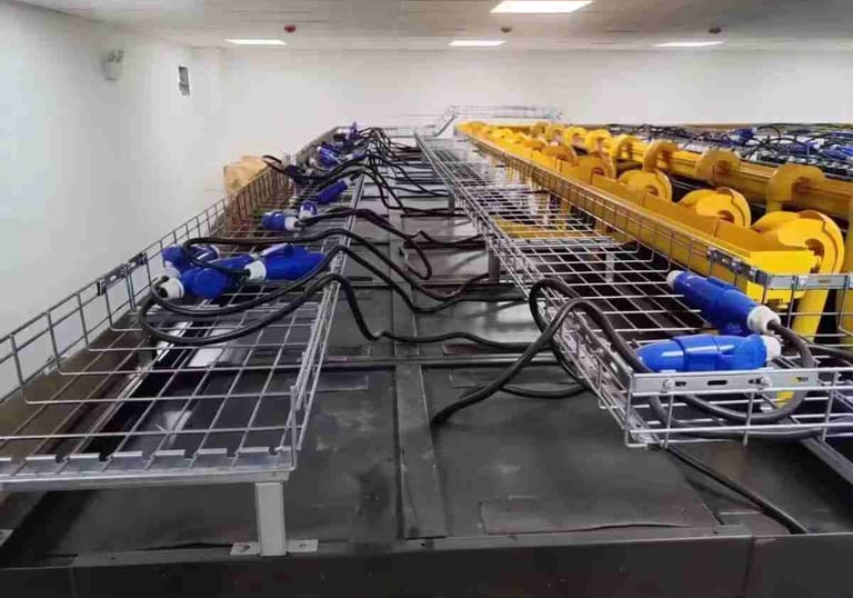 a bunch of cables lying in the wire mesh cable tray with yellow fiber plastic cable duct