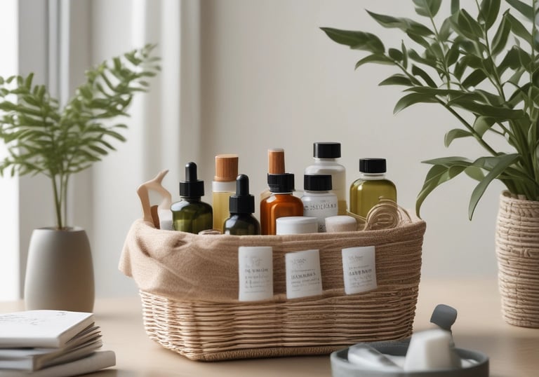 A selection of natural health products arranged neatly on a warm wooden shelf.