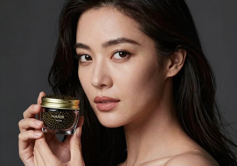 A captivating portrait of an elegant North American / Western European woman, late 20s, with impeccably radiant, dark, flowing hair, gently holding a sleek, dark glass HARIR Caviar vial. She gazes confidently with soft, professional makeup that enhances her natural beauty. The composition is a sophisticated, close-up lifestyle shot, emphasizing her elegant hands and glowing complexion. Dramatic, soft studio lighting creates a luxurious, high-contrast effect, with subtle golden reflections catching the edge of the vial and her hair. The background is a blurred, deep charcoal grey, maintaining a dark, luxurious aesthetic. The overall style is modern, aspirational, and perfectly suited for a high-end beauty brand's Instagram.