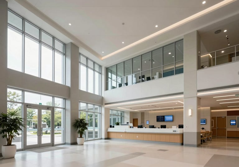 Wide shot of a modern, innovative North American / US hospital lobby with clean architectural lines, large glass windows, and a professional, forward-thinking aesthetic.