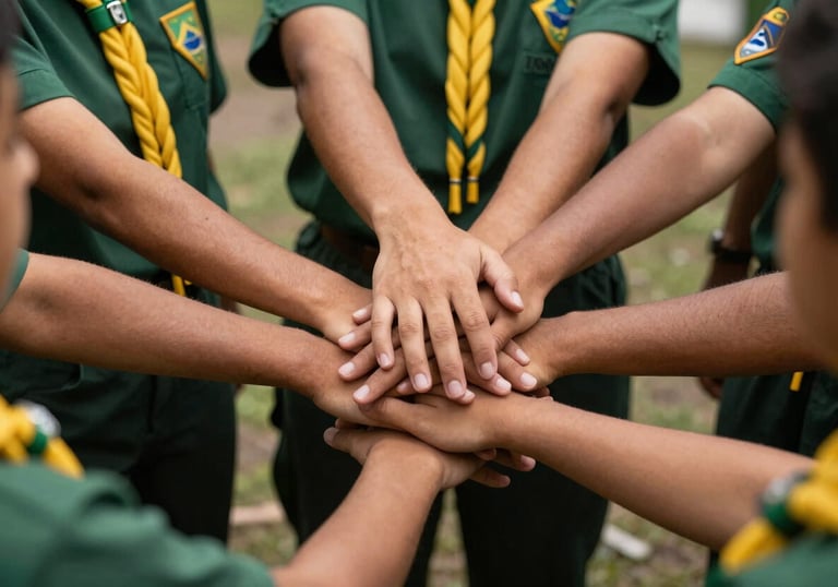 Close-up photography of a group of South American Brazilian scouts' hands stacked together in a circle, wearing green and yellow braided cords on their shoulders. Symbolic of teamwork, unity, and the Desbravadores spirit.