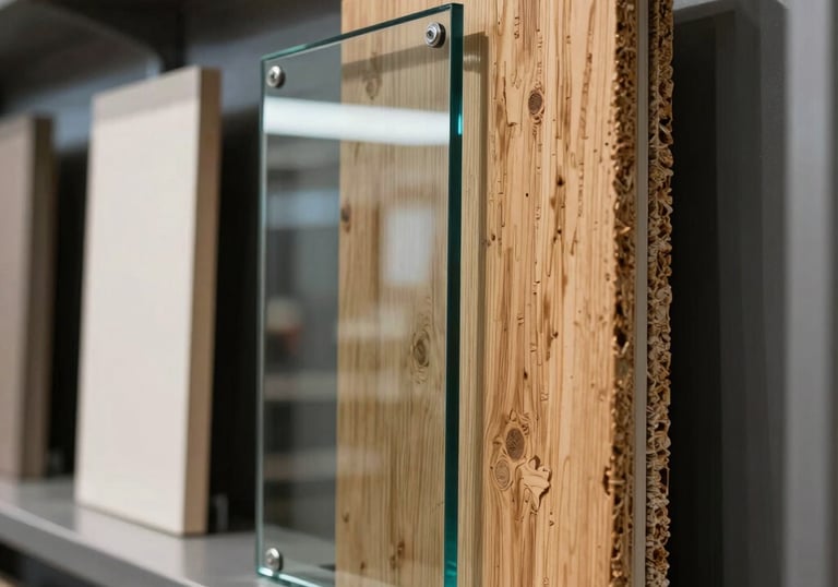 Close-up of innovative sustainable building materials, like recycled wood composite and energy-efficient glass, displayed in a modern showroom with Steel Grey backgrounds.