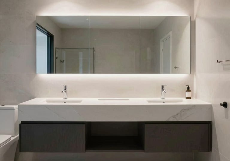 A wide angle view of a sleek, newly renovated bathroom in Los Angeles featuring a floating vanity, modern plumbing fixtures, and construction blue accents.