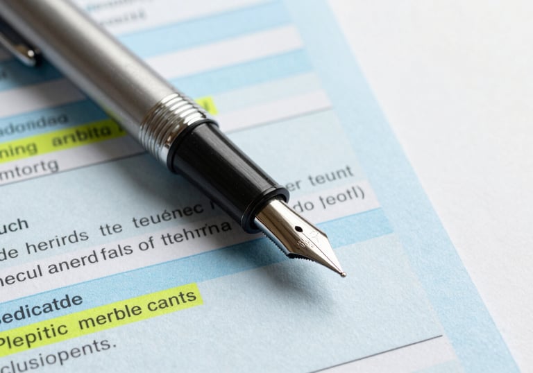 Detail shot of a professional fountain pen resting on a technical medical report with highlighted sections, sharp and clear texture, light blue and off-white background.