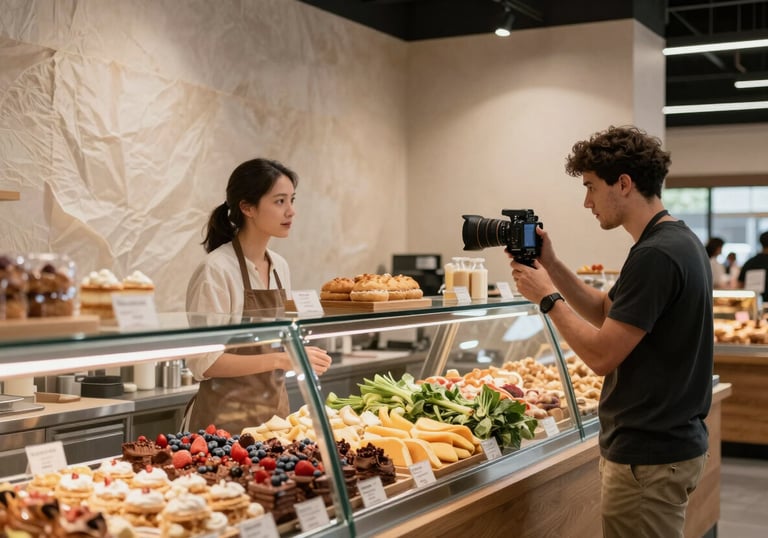 A modern food market in the US with clean parchment walls, where a social media manager is capturing content of a fresh bakery display.