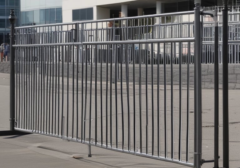 A row of robust steel police barriers lined up at an outdoor event in Dubai under a clear sky.