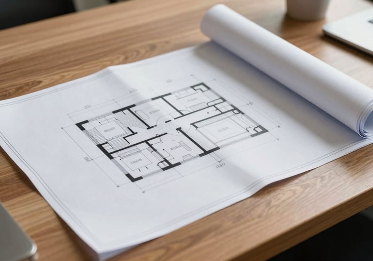 A close-up shot of architectural blueprints and development plans on a clean wooden desk in a professional Raipur office.