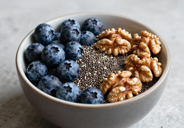 A vibrant bowl of superfoods including blueberries, chia seeds, and walnuts on a light grey stone surface.