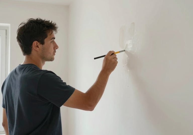 Detail of a repair task being executed flawlessly on a residential wall, showing the before and after quality of a smooth, professional repair.