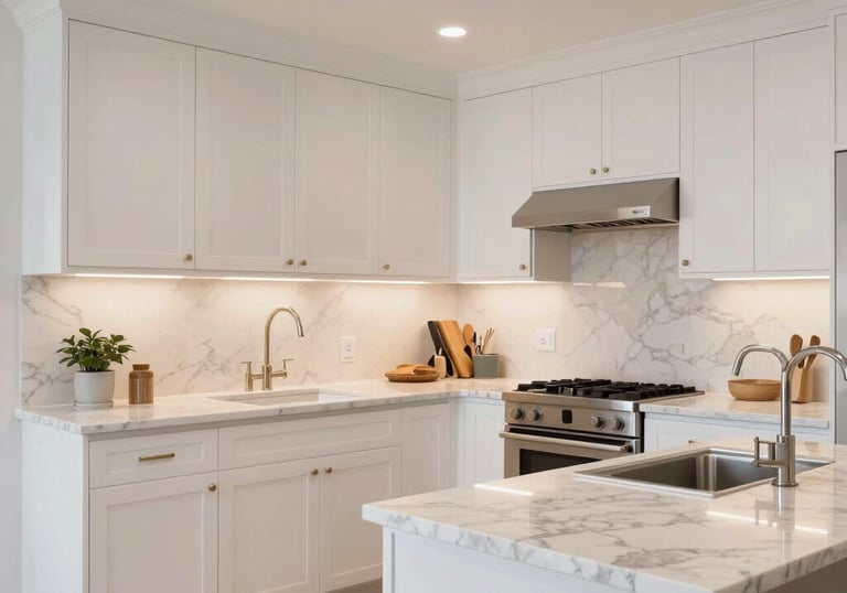 A stunning, modern North American kitchen after a full remodel with clean white cabinetry, marble countertops, and warm recessed lighting.