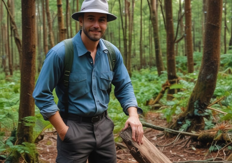 Happy farmer using a laptop outdoors with digital product icons floating around.