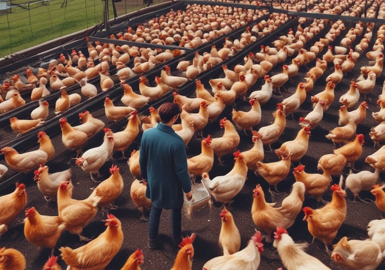 Happy farmer using a laptop outdoors with digital product icons floating around.