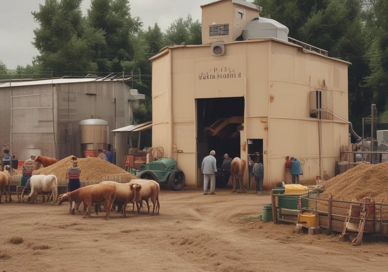 Happy farmer using a laptop outdoors with digital product icons floating around.