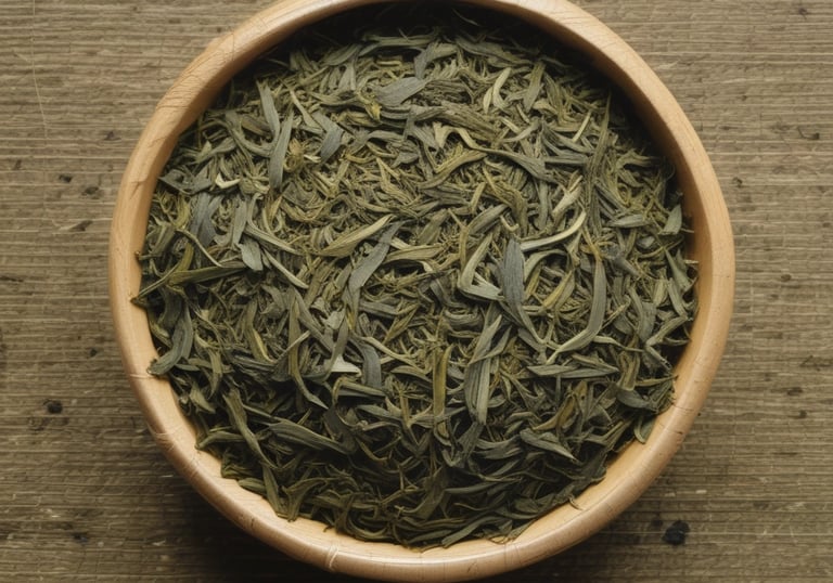 Elegant rows of packaged Japanese teas and kinako powders arranged on a khaki-toned wooden shelf.